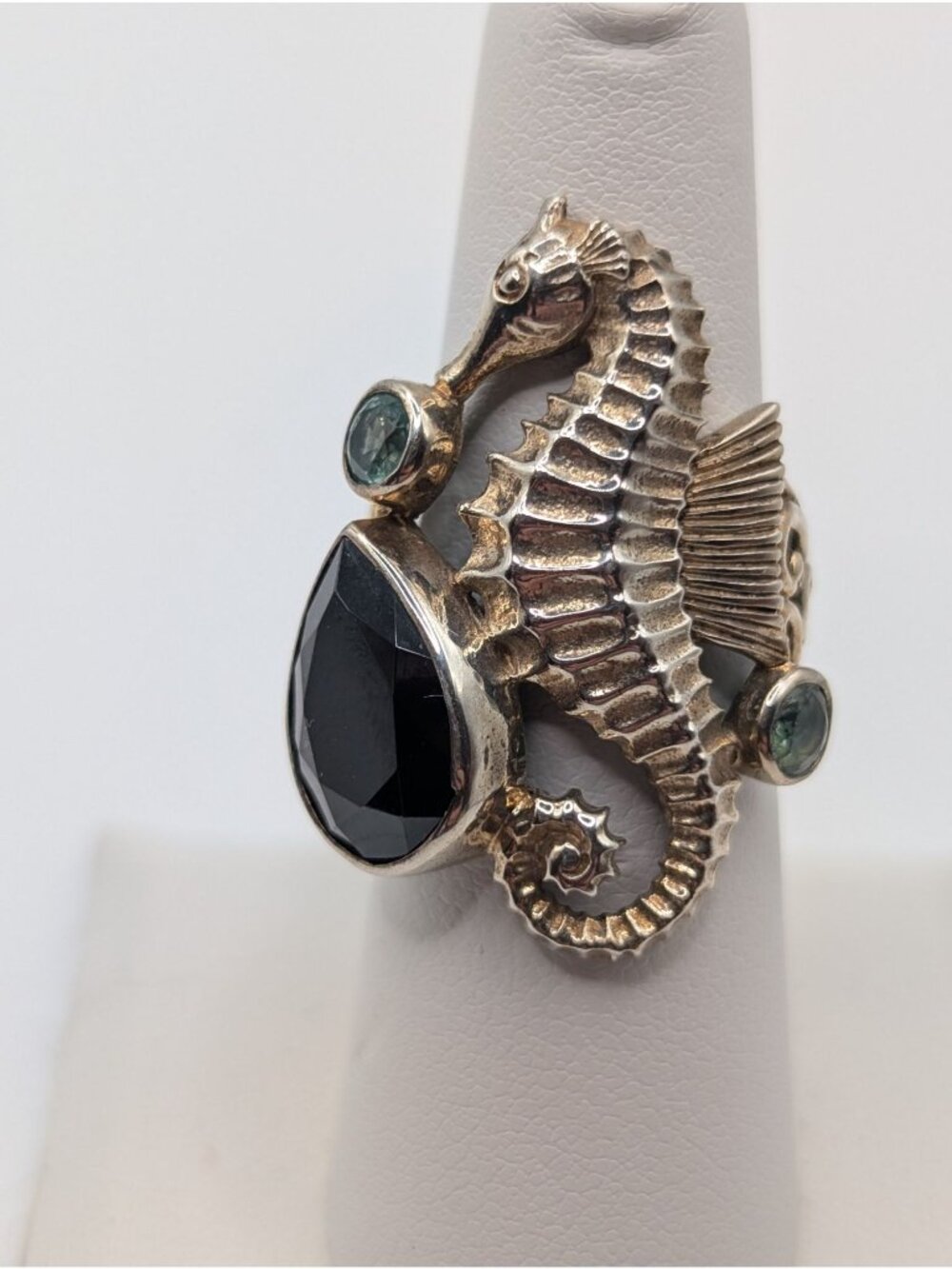 Vintage Sterling Silver Seahorse Ring Size 6 Faceted Teardrop Onyx Filigree Band